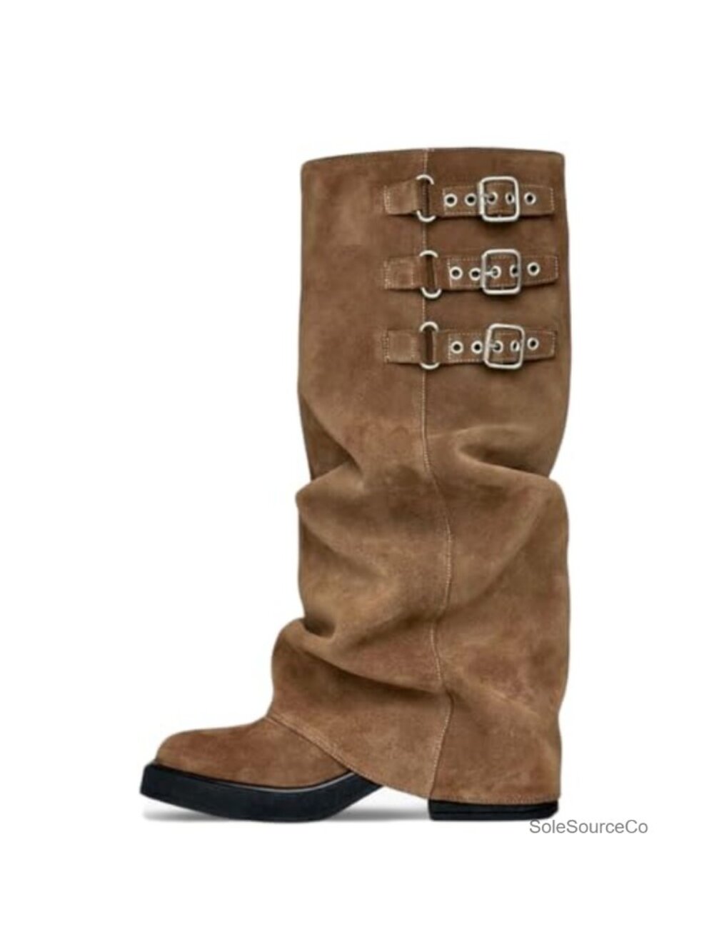 Knee High Boots Women Slouchy Fold Over Tall Boots Motorcycle Hidden Zipper